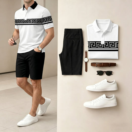 Men's Casual Black and White Color Stripes Polo Shirt & Shorts Two-Piece Set