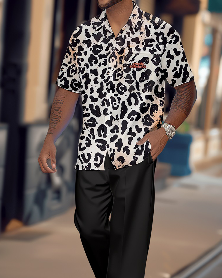 Men's Retro Plaid Colorblock Short Sleeve Shirt Walking Suit 1646