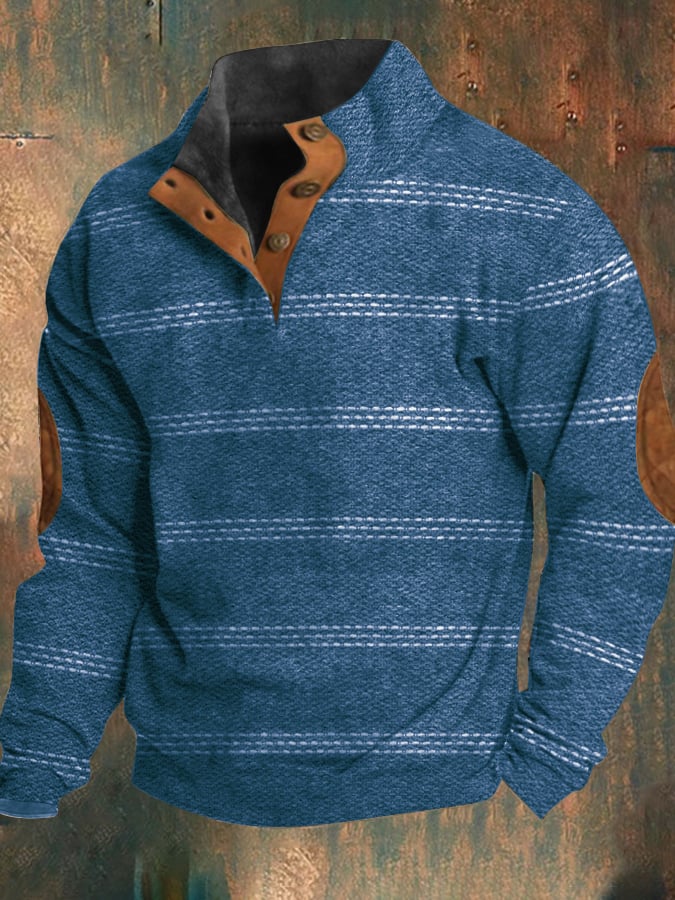 Men's Western Retro Print Element Design Stand Collar Button Sweatshirt