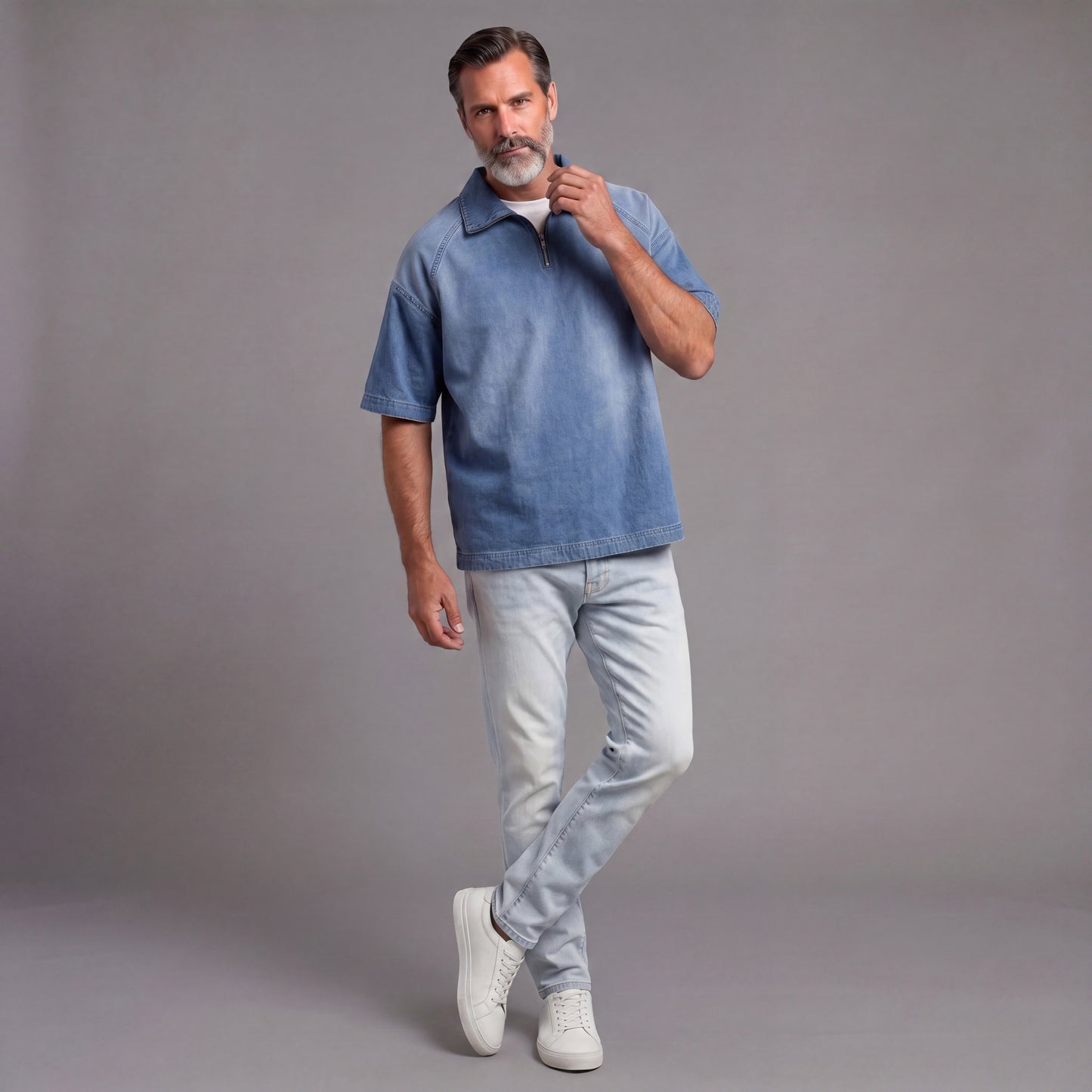 Men's Distressed Denim Short-Sleeve Shirt With Zipper Collar
