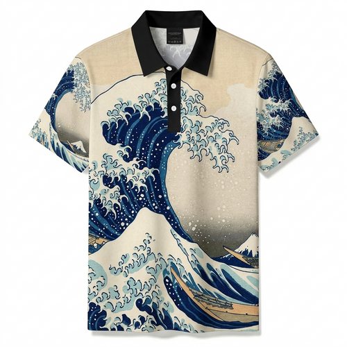 Men's Summer Fashion Apricot Waves Printed Polo Short-Sleeve
