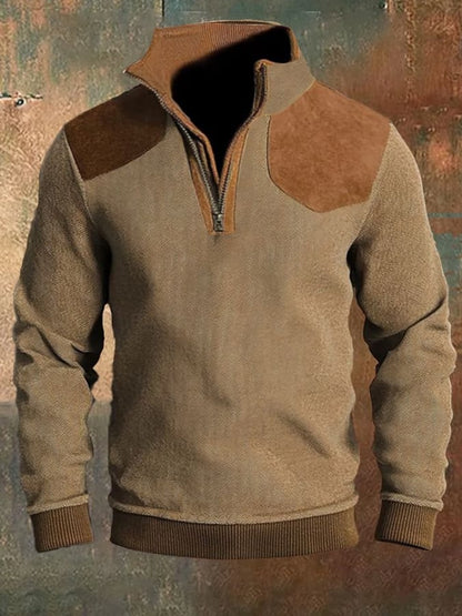 Men'S Casual Retro Contrast Color Stand Collar Long Sleeve Sweatshirt