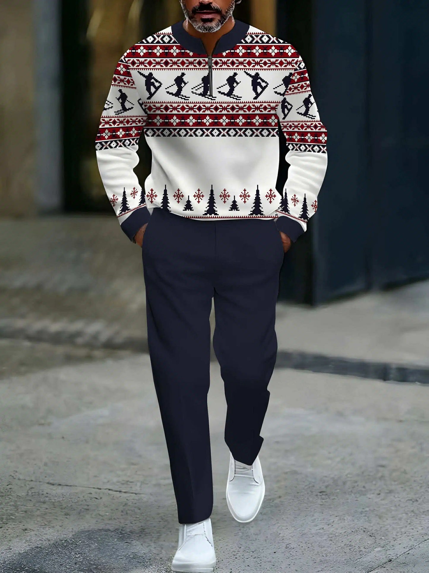 Men's Casual White & Navy Color Matching Christmas Printed Round-Neck Zipper Long Sleeved Sweatshirt & Trousers Two-Piece Set
