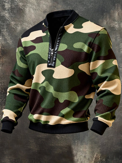 Men'S Casual Retro Contrast Color Half Zip Stand Collar Long Sleeve Sweatshirt