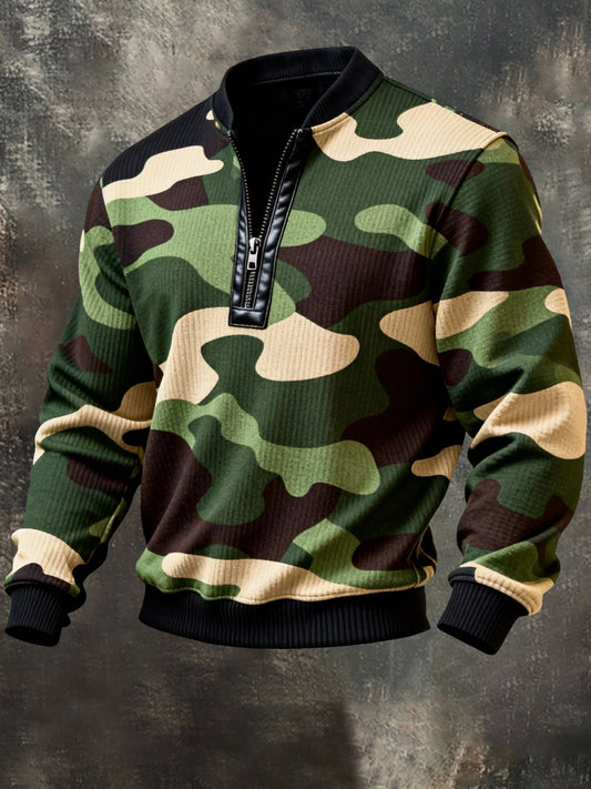 Men'S Casual Retro Contrast Color Half Zip Stand Collar Long Sleeve Sweatshirt