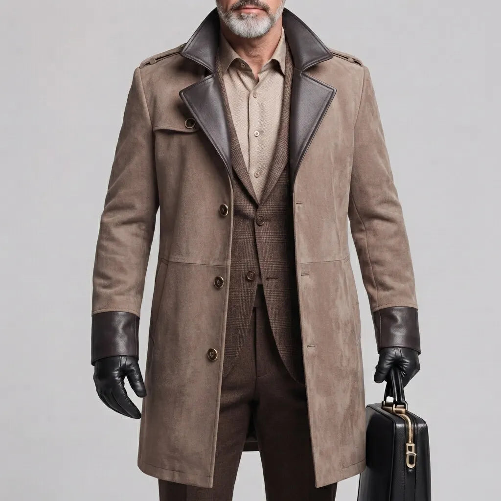 Men's Classic Khaki Contrast Lapel Collar PU Leather Trim Suede Trench Coat