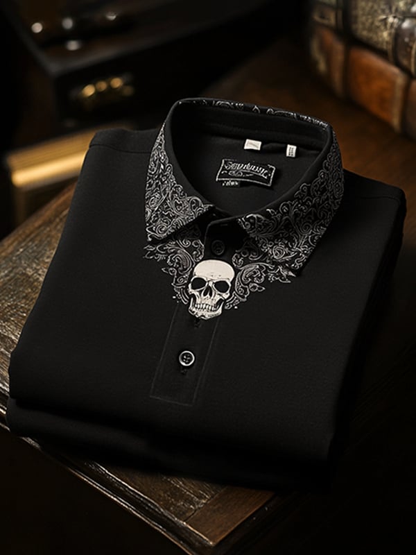 Men's Classic Business Paisley Skull Logo Short Sleeve Polo Shirt