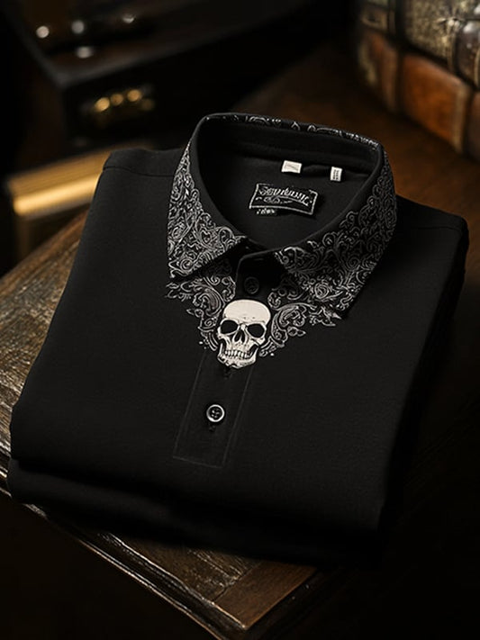 Men's Classic Business Paisley Skull Logo Short Sleeve Polo Shirt