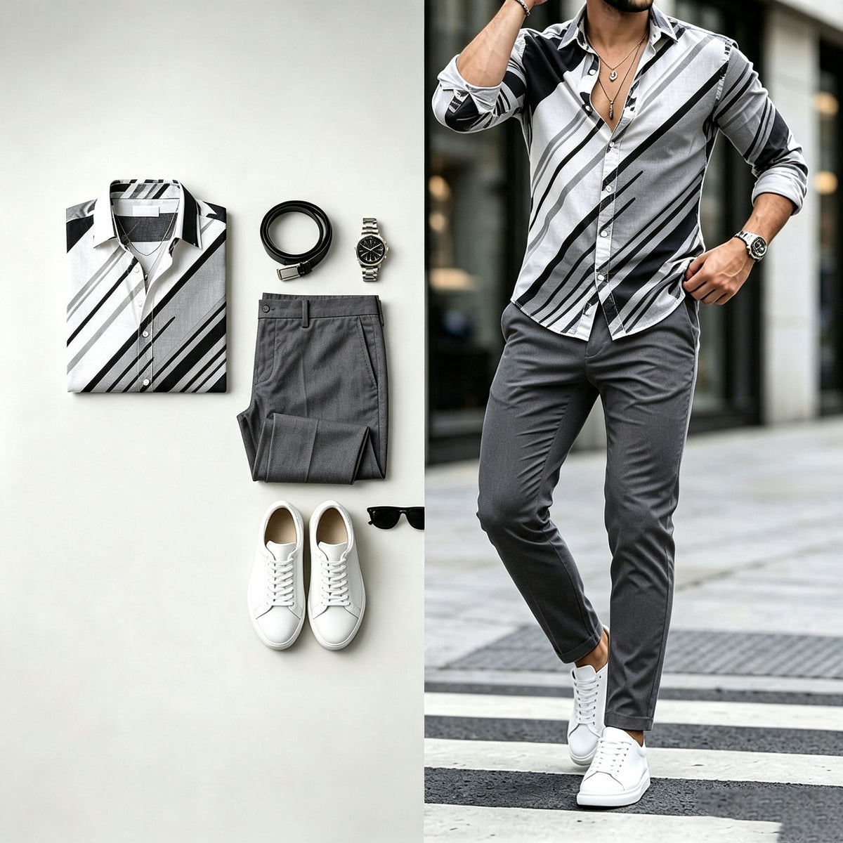 Men's Diagonal-Striped Print Long-Sleeve Shirt and Pants Set