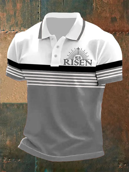 Men's casual retro polo shirt with "He Is Risen" print