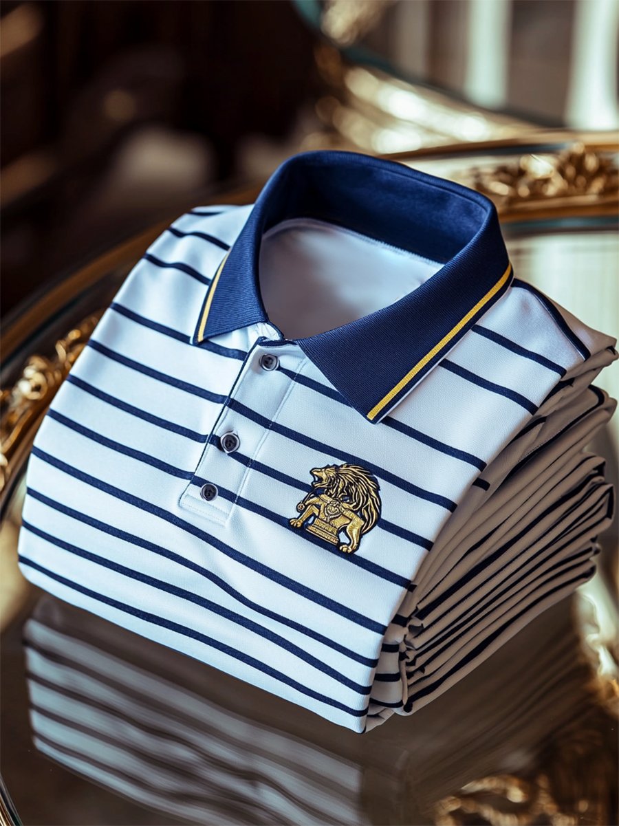 Men's Business Casual Striped Button Short Sleeve Polo Shirt