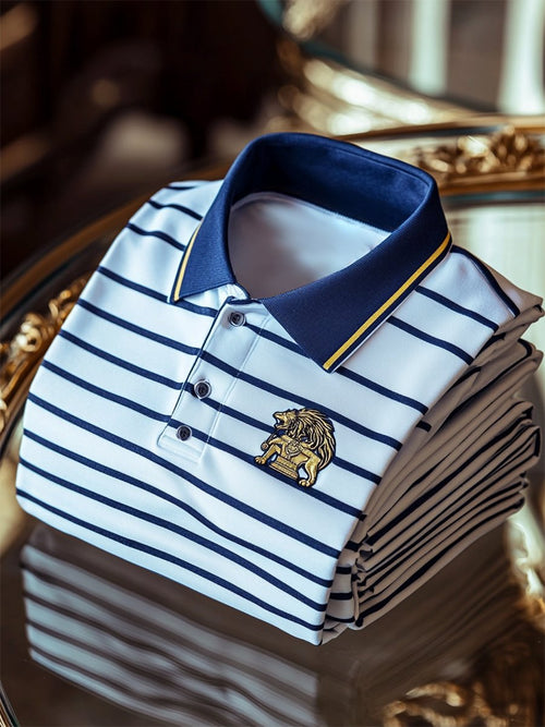 Men's Business Casual Striped Button Short Sleeve Polo Shirt