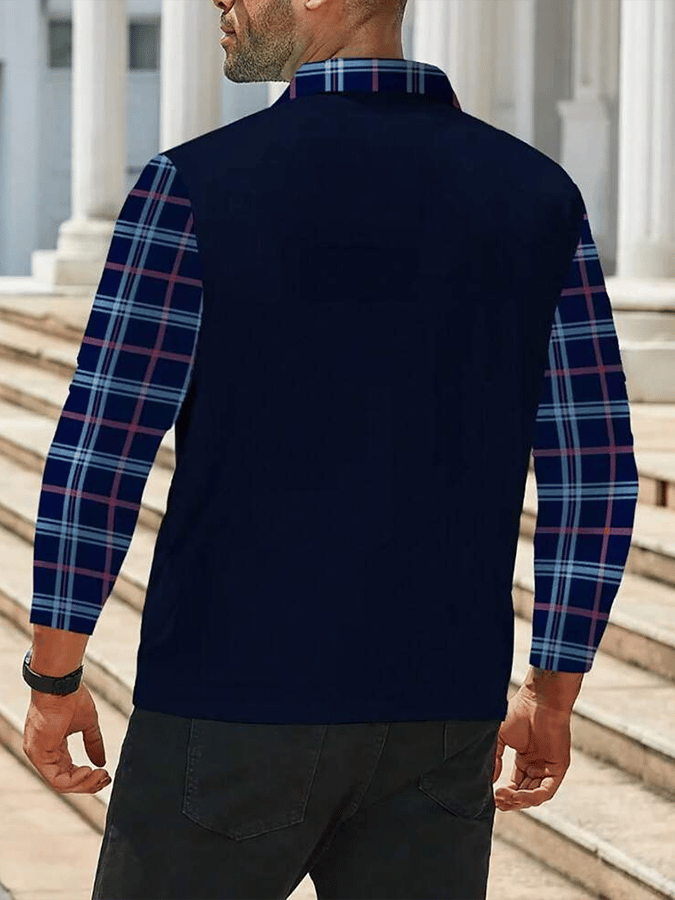 Men's Plaid Business Casual Long Sleeve Polo Shirt