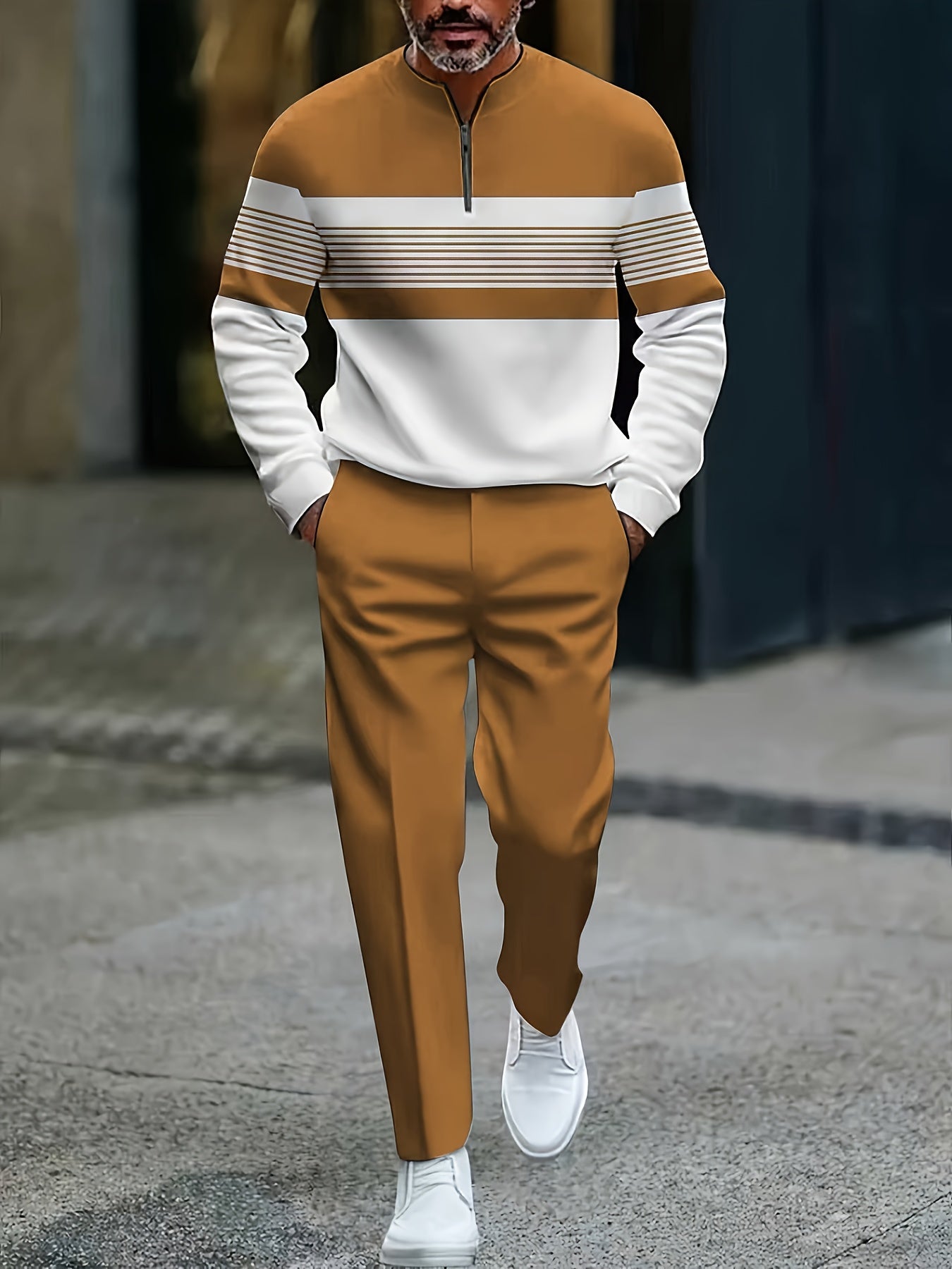 Men's Casual Color Matching Striped Printed Round-Neck Zipper Long Sleeved Trousers Orange Brown Two-Piece Set
