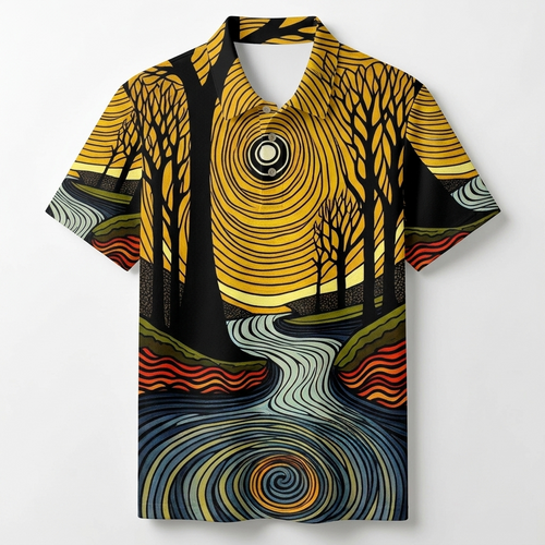 Men's Summer Fashion Abstract Painting With Contrasting Colors Printed Polo Short-Sleeve
