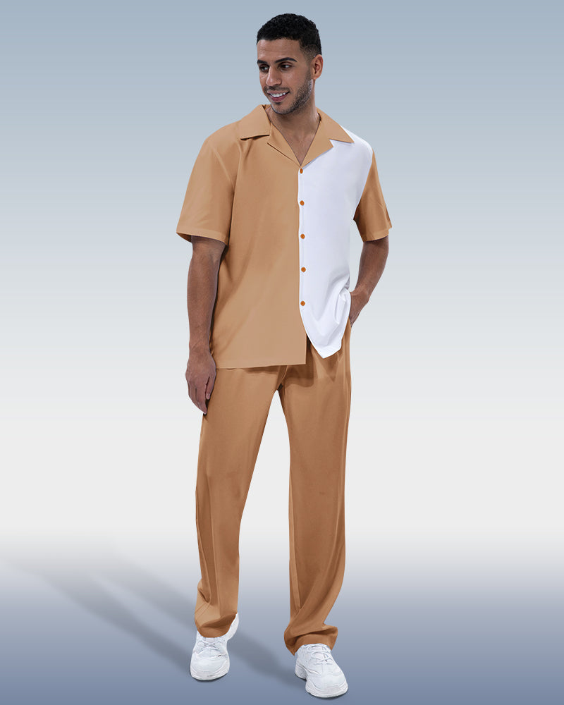 Rianmond Men's Khaki Color Block Short Sleeve Walking Suit