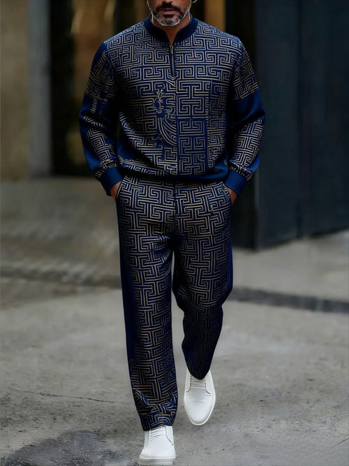 Men's Casual Color Matching Printed Round-Neck Zipper Long Sleeved Trousers Two-Piece Set