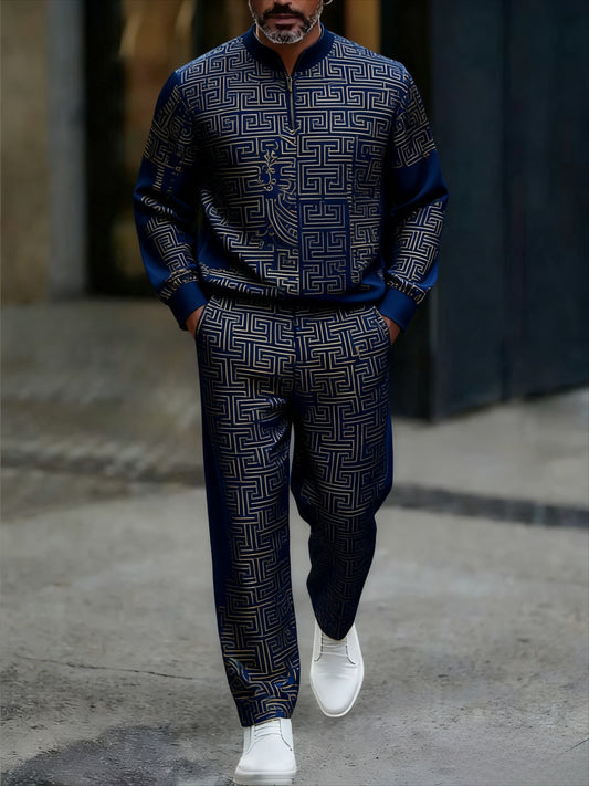 Men's Casual Color Matching Printed Round-Neck Zipper Long Sleeved Trousers Two-Piece Set