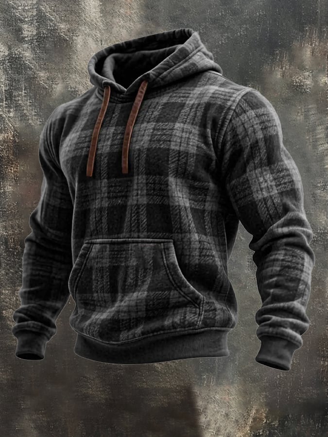 Men's Retro Distressed Plaid Print Casual Long Sleeve Sweatshirt