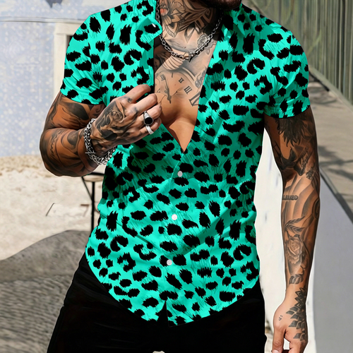 Men's Casual Green Leopard-Print Short-Sleeve Shirt