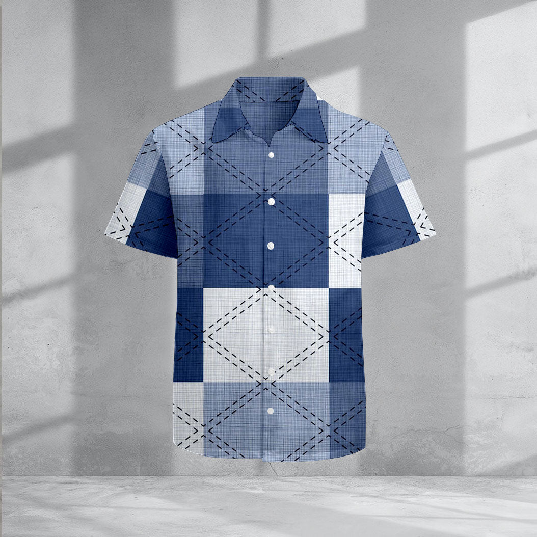 Men's Casual Lapel Denim Blue Color Matching Checked Printed Short Sleeve Shirts