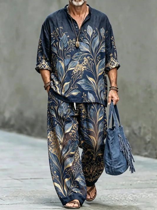 Men's Vintage Abstract Art Printed Cotton Shirt Set (Top & Pants)
