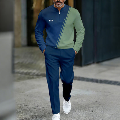 Men's Casual Color Matching Printed Round-Neck Zipper Long Sleeved Trousers Two-Piece Set