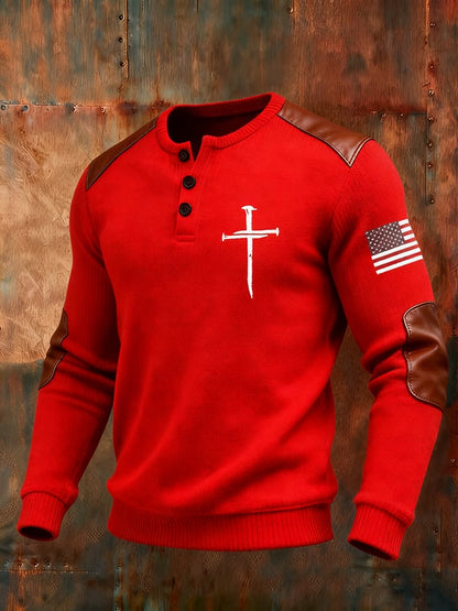 Men's Cross Flag Print Henley Collar Shirt