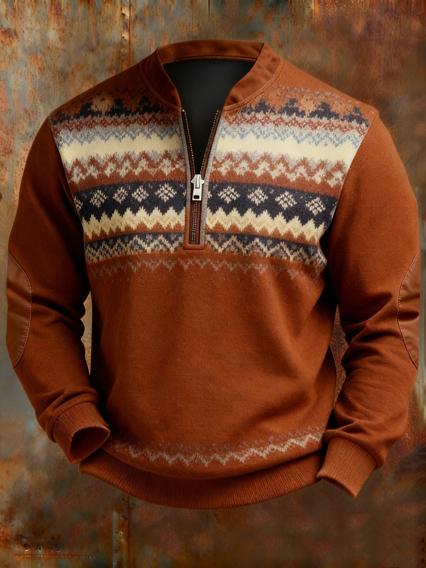Fair Isle Geometric Print Zipper Sweatshirt