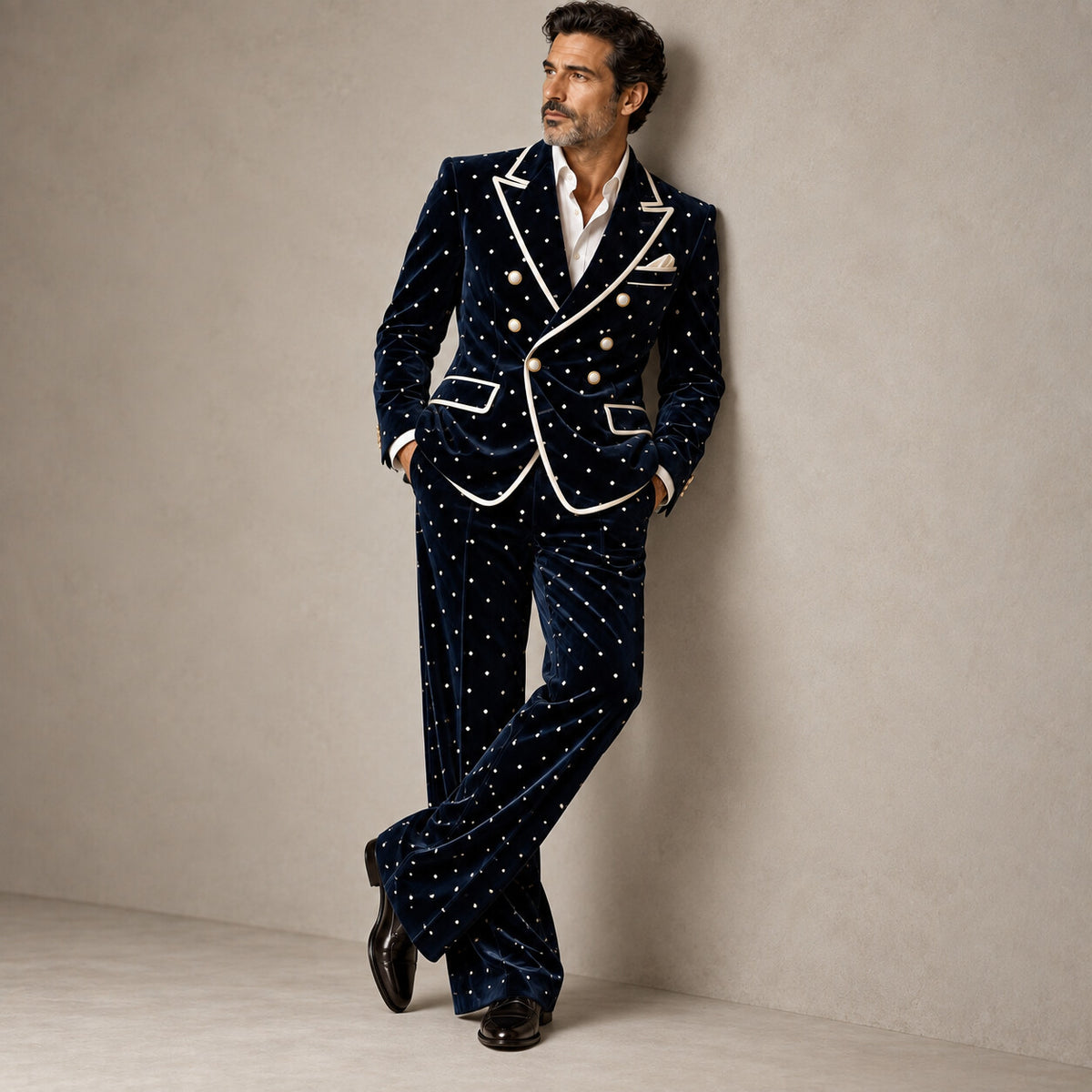 Men's Navy Blue Velvet Polka Dot Print Contrast Piping Double-Breasted Peak Lapel Blazer & Pants 2Pcs Suit