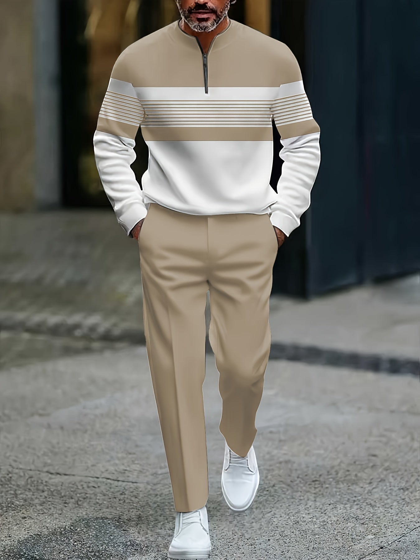 Men's Casual White & Khaki Color Matching Geometric Printed Round-Neck Zipper Long Sleeved Tops & Trousers Two-Piece Set