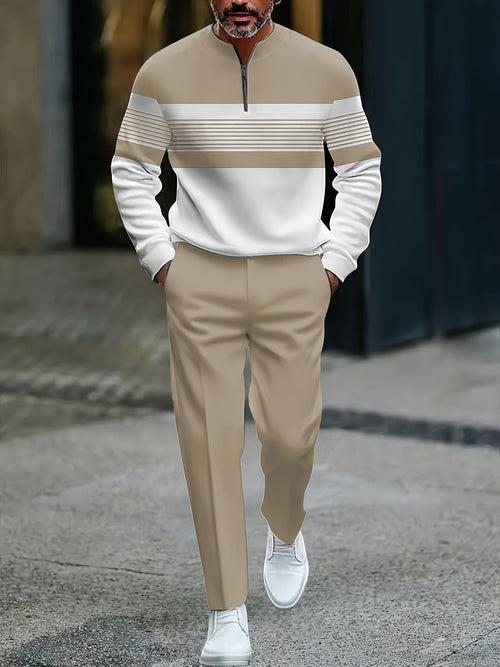 Men's Casual White & Khaki Color Matching Geometric Printed Round-Neck Zipper Long Sleeved Tops & Trousers Two-Piece Set