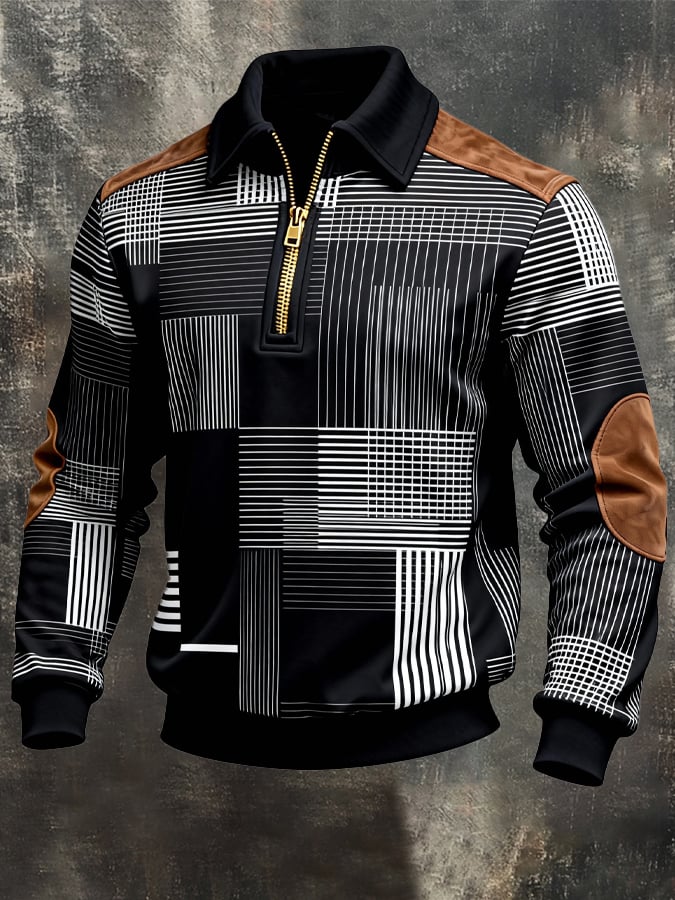 Men's Retro Color Block Print Zipper Sweatshirt