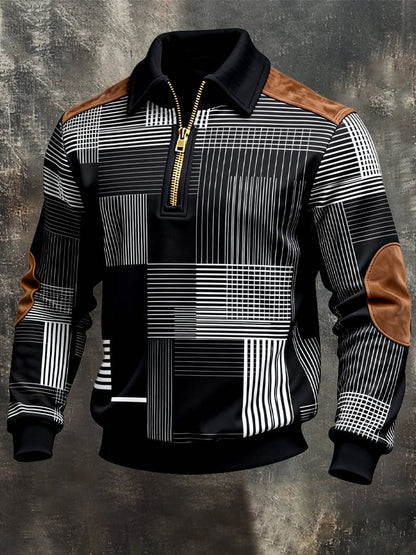 Men's Retro Color Block Print Zipper Sweatshirt