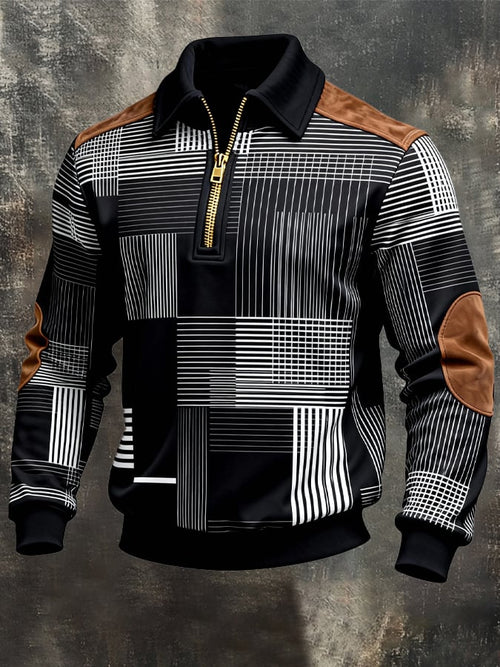 Men's Retro Color Block Print Zipper Sweatshirt