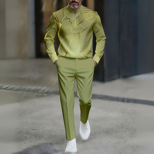 Men's Casual Gradient Flower Printed Round-Neck Zipper Long Sleeved Trousers Green Two-Piece Set