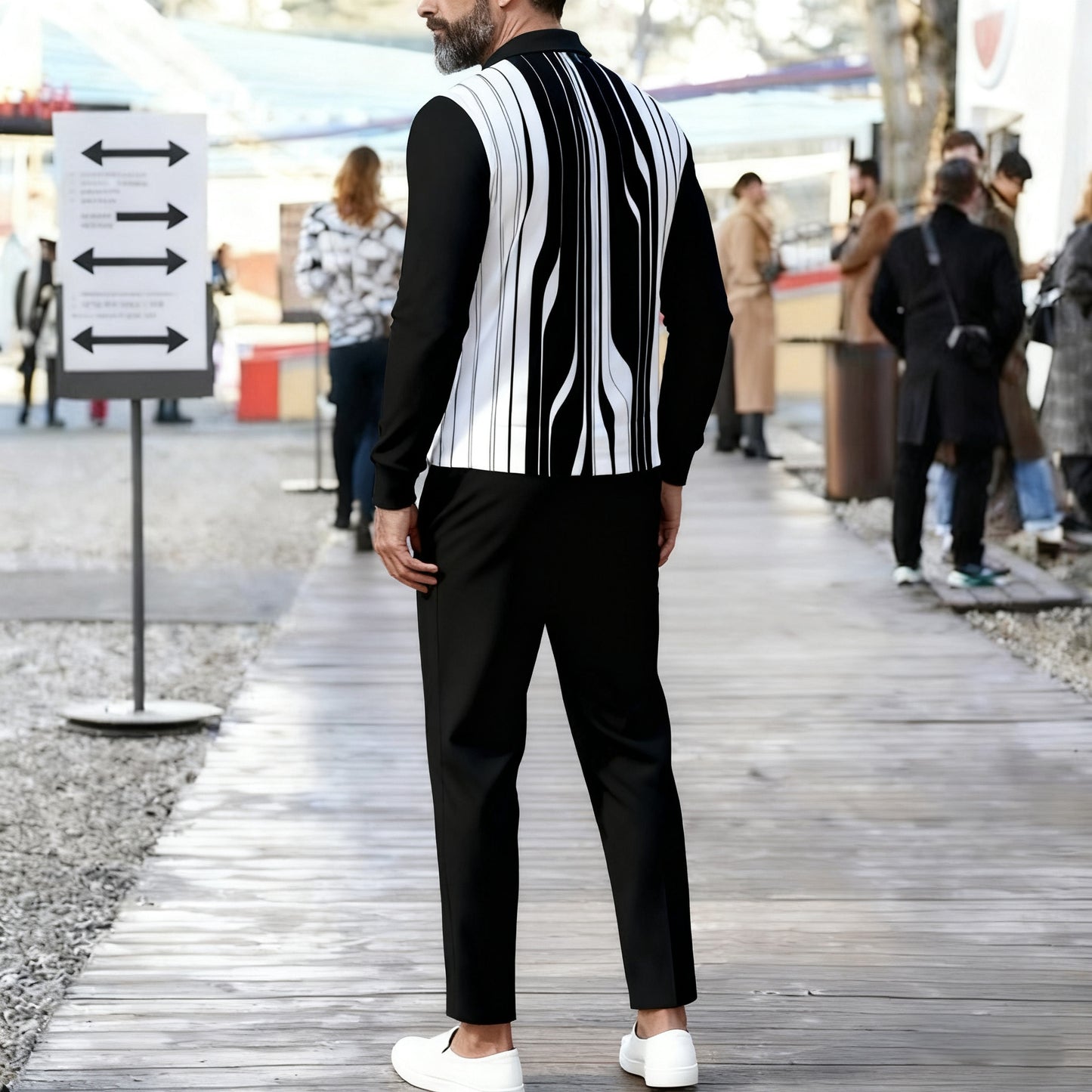 Men's Casual Color Matching Printed Polo-Collar Zipper Long Sleeved Trousers Two-Piece Set
