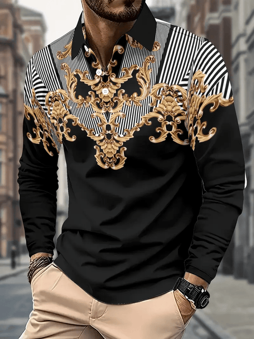 Men's Business Light Luxury Striped Print Lapel Polo Shirt