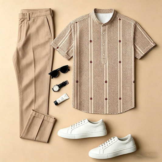 Men's Casual Brown Color-Blocked Printed Crew Neck Short-Sleeved Shirt And Trousers Two-Piece Set