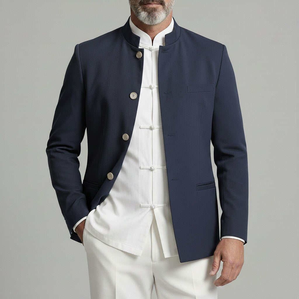 Men's Mandarin Collar Welt Pockets Single Breasted Solid Color Jacket