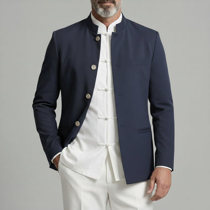 Men's Mandarin Collar Welt Pockets Single Breasted Solid Color Jacket
