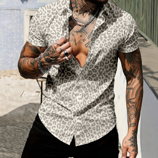 Men's Casual Light Gray Leopard-Print Short-Sleeve Shirt