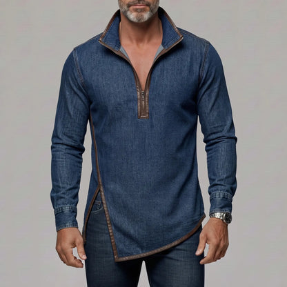 Men's Denim Stand Collar Contrast PU Leather Trim Side Slit Half Zip Slim Fit Sweatshirt