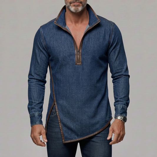 Men's Denim Stand Collar Contrast PU Leather Trim Side Slit Half Zip Slim Fit Sweatshirt