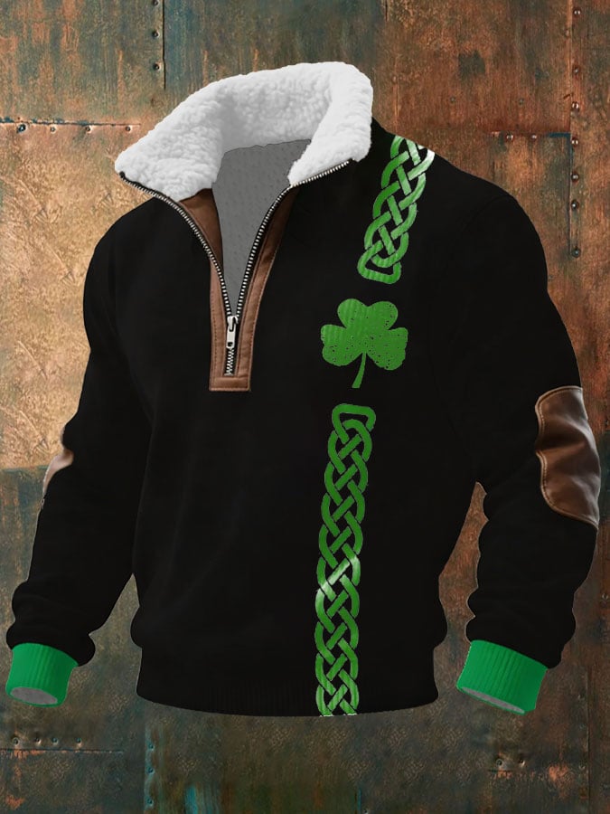 Men's Vintage St. Patrick's Day Print Long-Sleeved Sweatshirt With Fur Collar