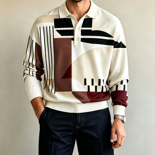 Men's Two-Tone Long-Sleeve Polo Shirt