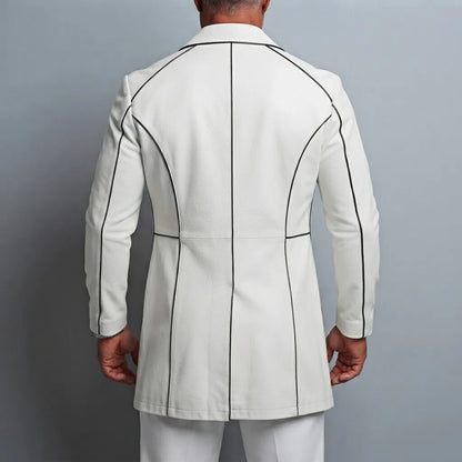 Men's White PU Leather Notched Lapel Contrast Piping Long Sleeve Mid‐Long Single Breasted Trench Coat