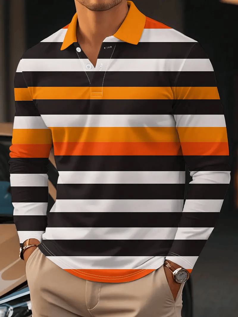 Men's Business Casual Striped Button-Down Polo
