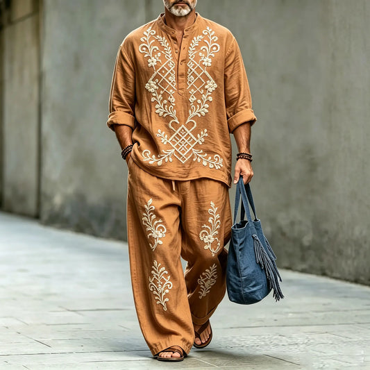 Men's Symmetrical Print Stand-Collar Polo Shirt and Long Pants Two-Piece Suit Set
