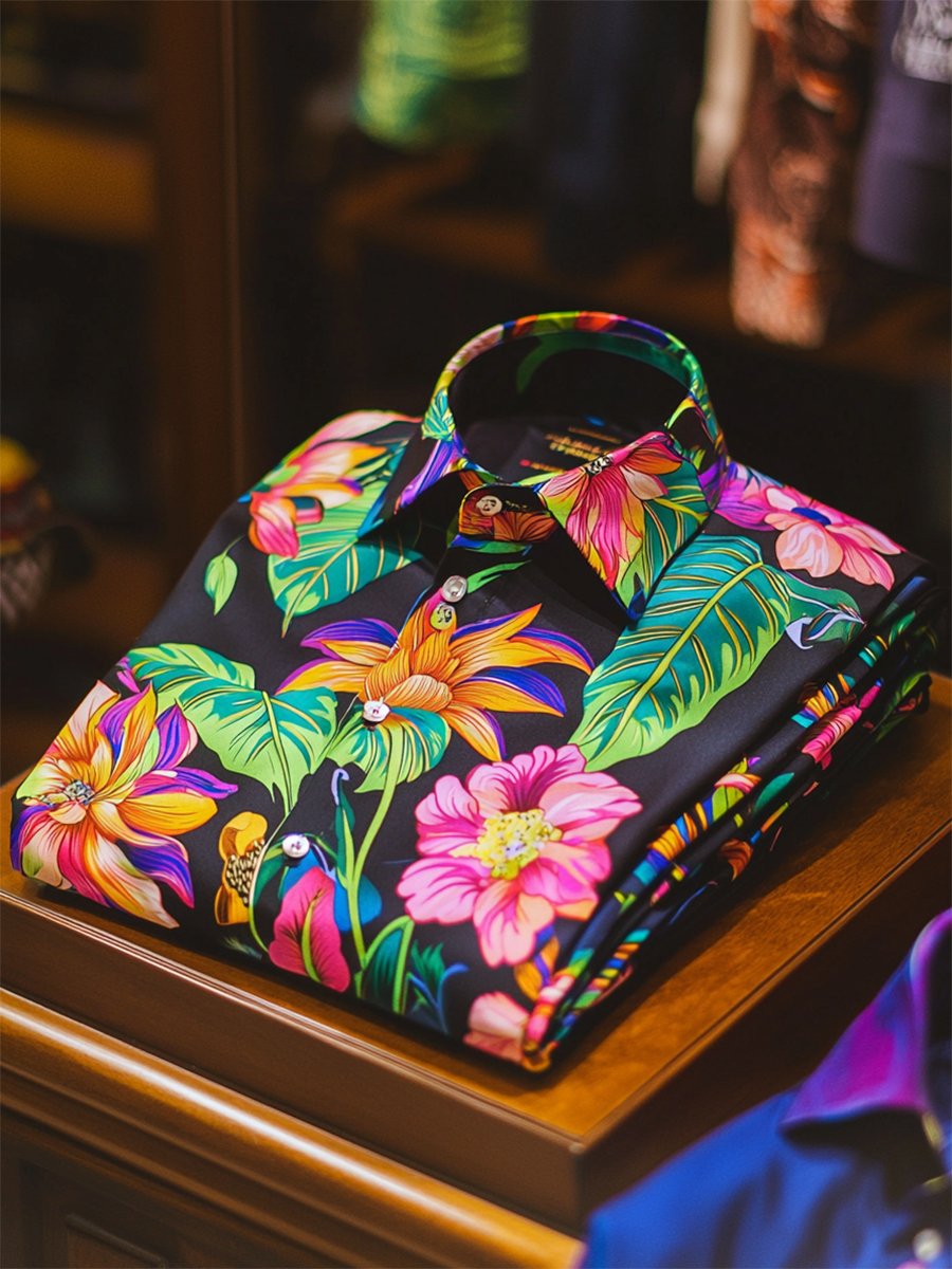 Men's Satin Luxe Hawaiian Print Short Sleeve Button Shirt